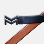 Load image into Gallery viewer, MATTE BLACK LOGO BUCKLE BLUE & LIGHT BROWN BELT