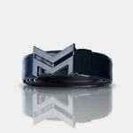 Load image into Gallery viewer, MATTE BLACK LOGO BUCKLE BLUE & DARK BROWN BELT