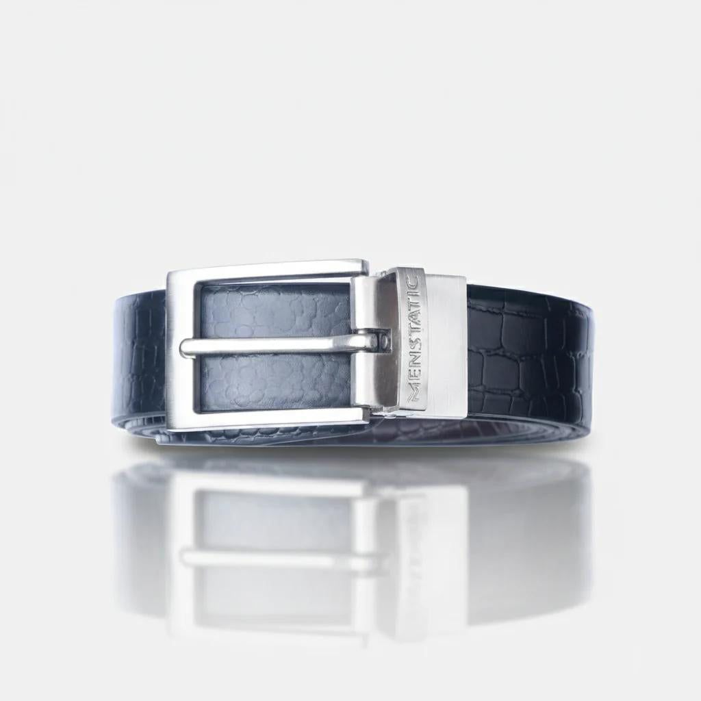 SILVER PLAIN BUCKLE CROCO DARK BROWN & BLACK BELT