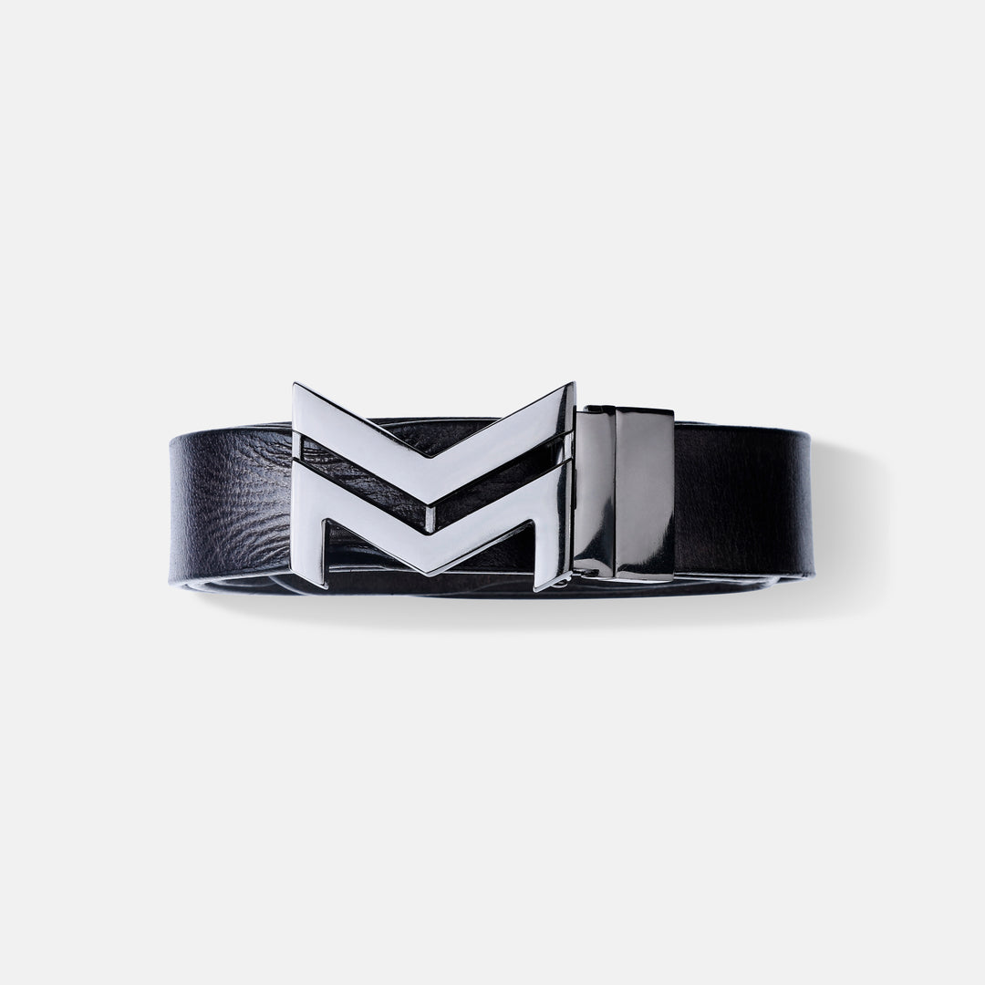 GLOSSY BLACK LOGO BUCKLE HAMMERED GREY BELT