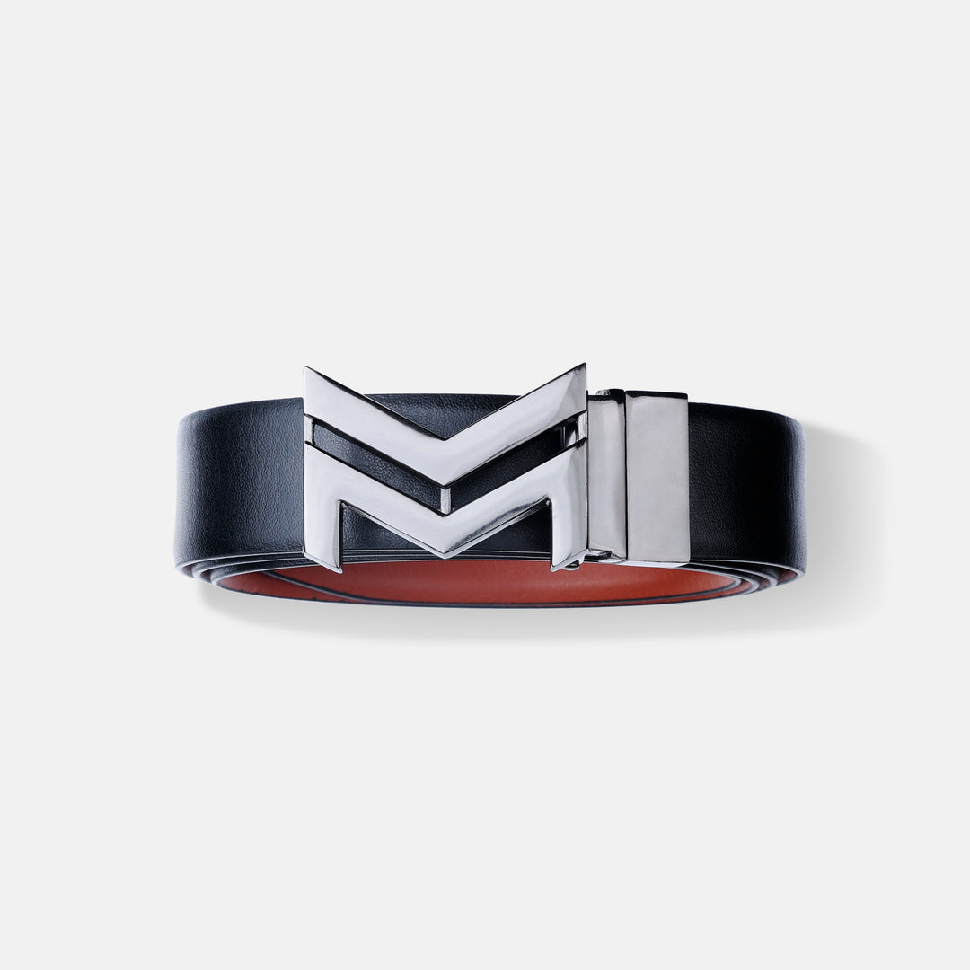 GLOSSY BLACK LOGO BUCKLE LIGHT BROWN & BLACK BELT