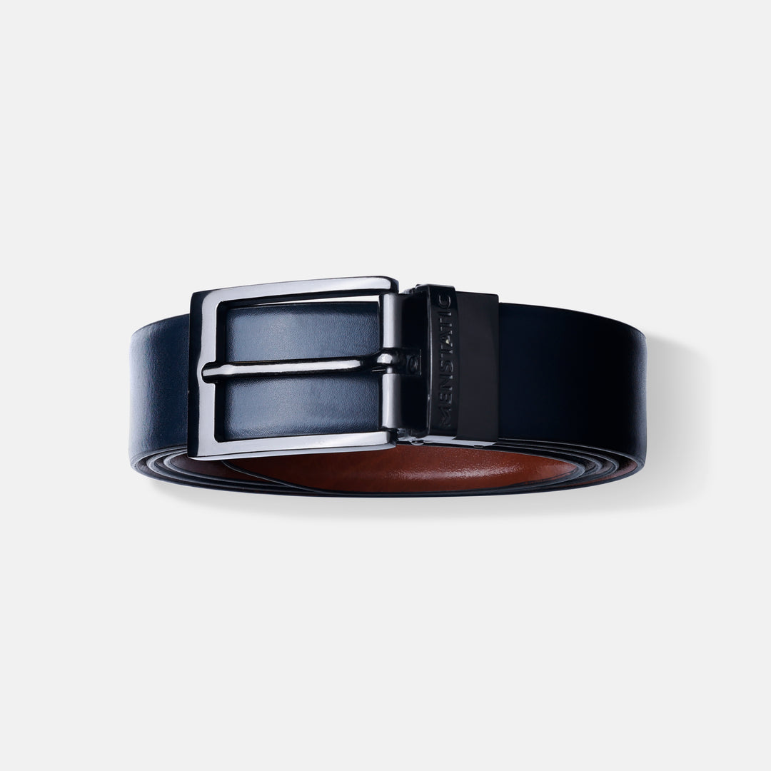 GLOSSY BLACK PLAIN BUCKLE BLUE & LIGHT BROWN BELT