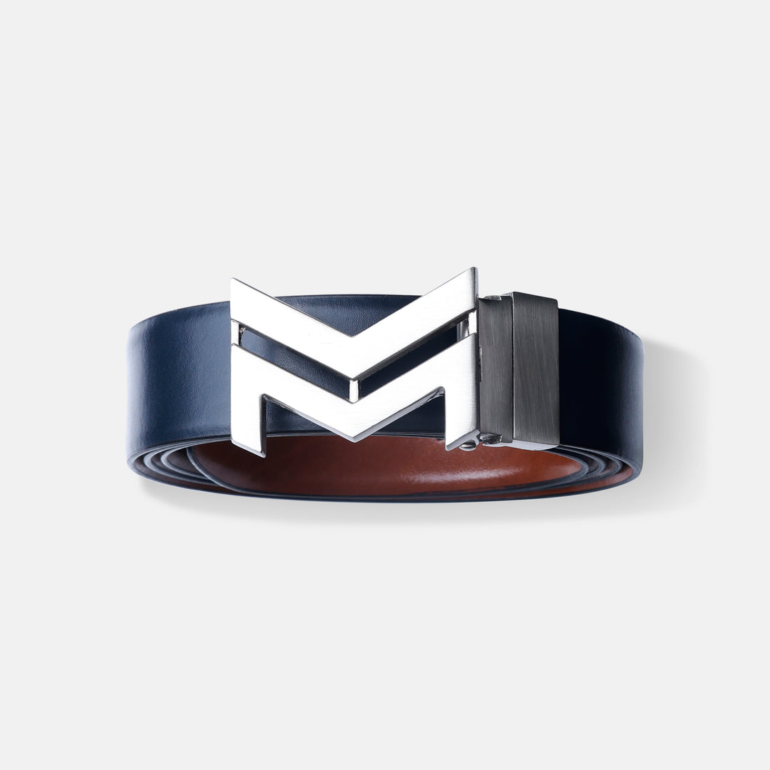 SILVER LOGO BUCKLE BLUE & LIGHT BROWN BELT