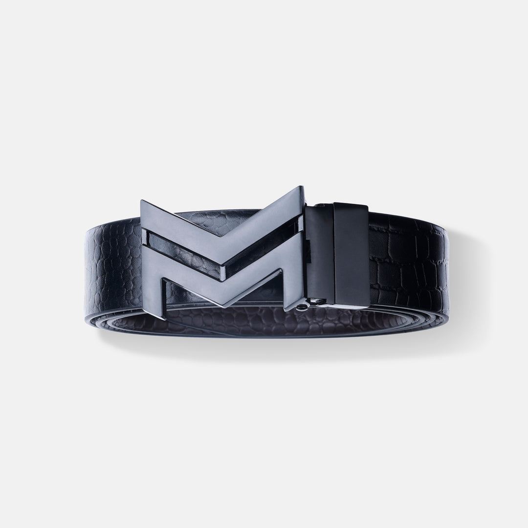 MATTE BLACK LOGO BUCKLE CROCO DARK BROWN & BLACK BELT