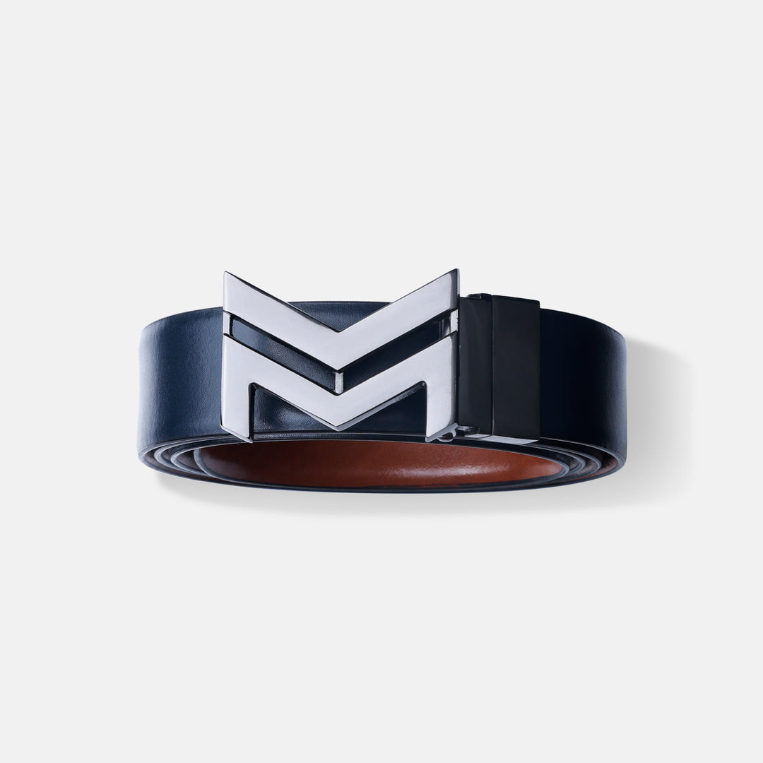 GLOSSY BLACK LOGO BUCKLE BLUE & LIGHT BROWN BELT