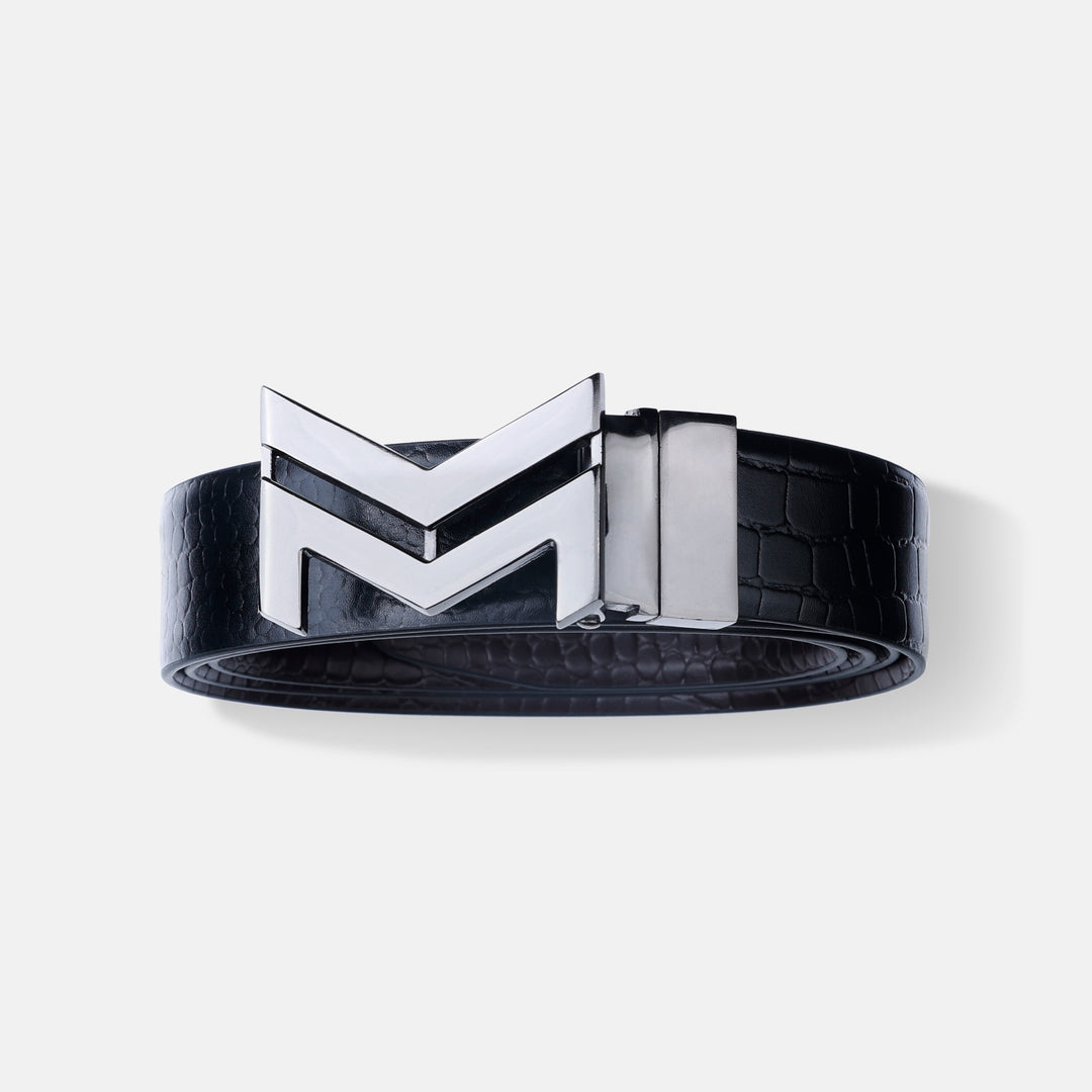 GLOSSY BLACK LOGO BUCKLE CROCO DARK BROWN & BLACK BELT