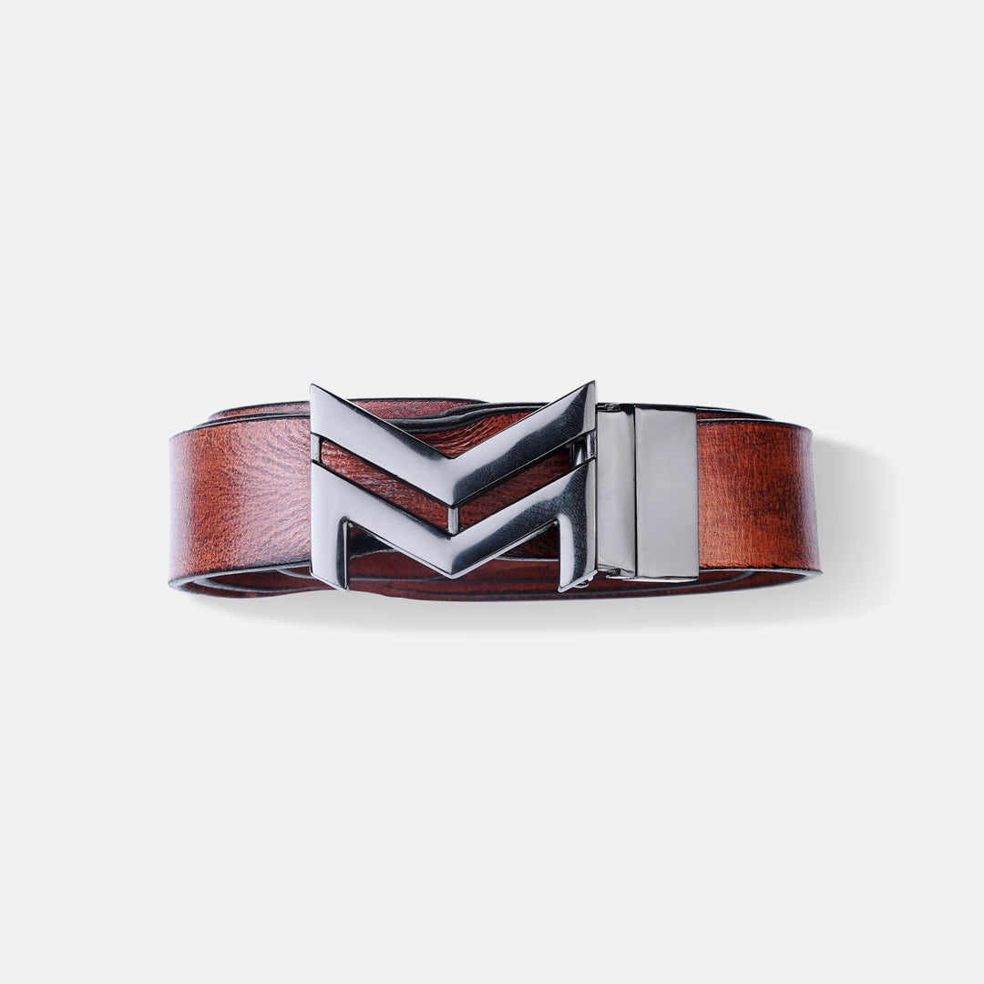 GLOSSY BLACK LOGO BUCKLE HAMMERED TAN BELT