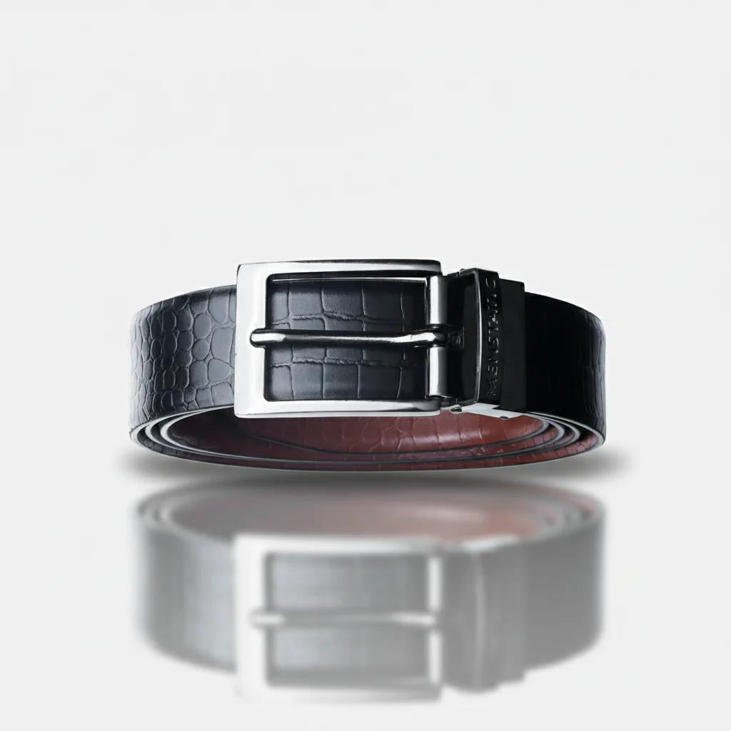 GLOSSY BLACK PLAIN BUCKLE CROCO LIGHT BROWN & BLACK BELT