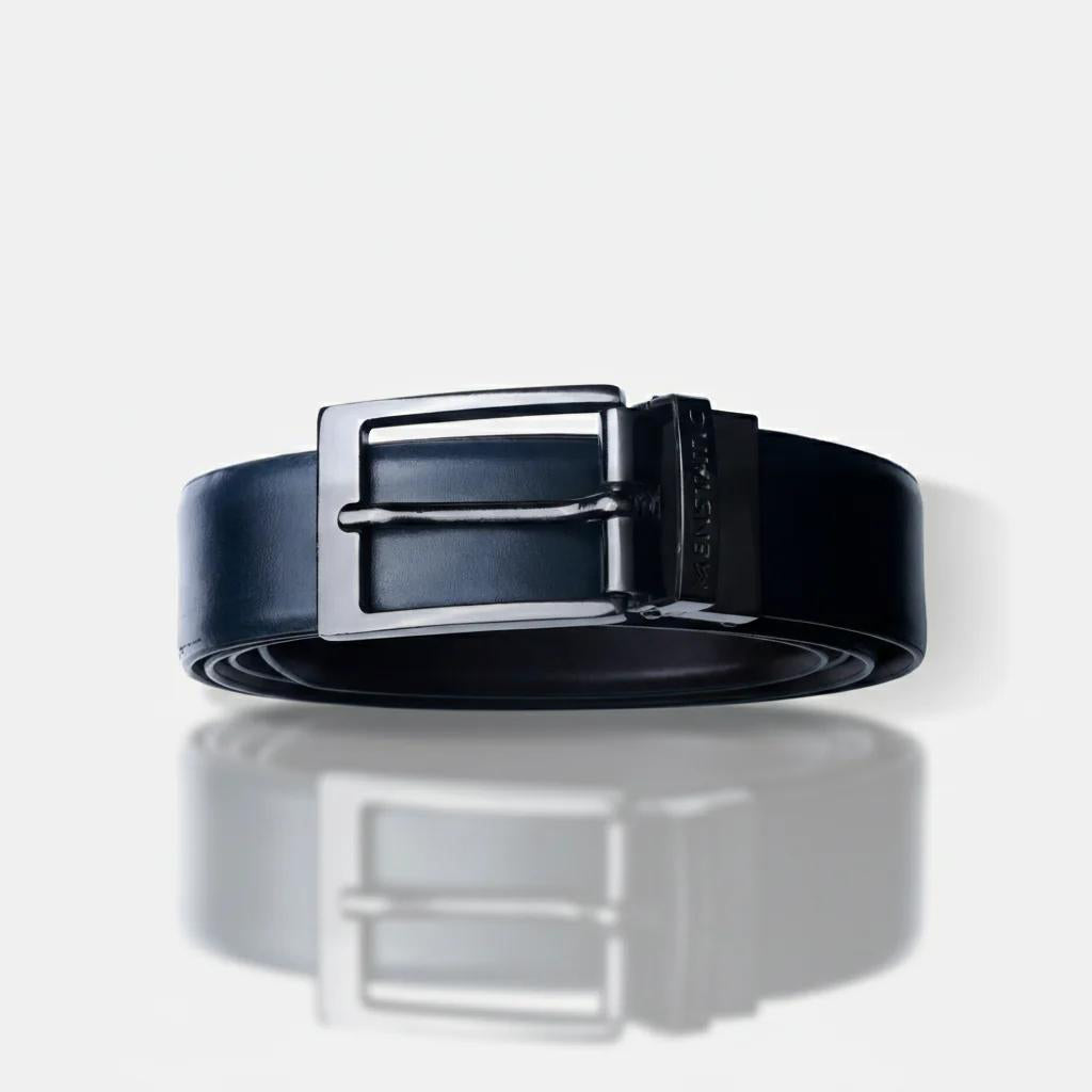 GLOSSY BLACK PLAIN BUCKLE BLUE & DARK BROWN BELT