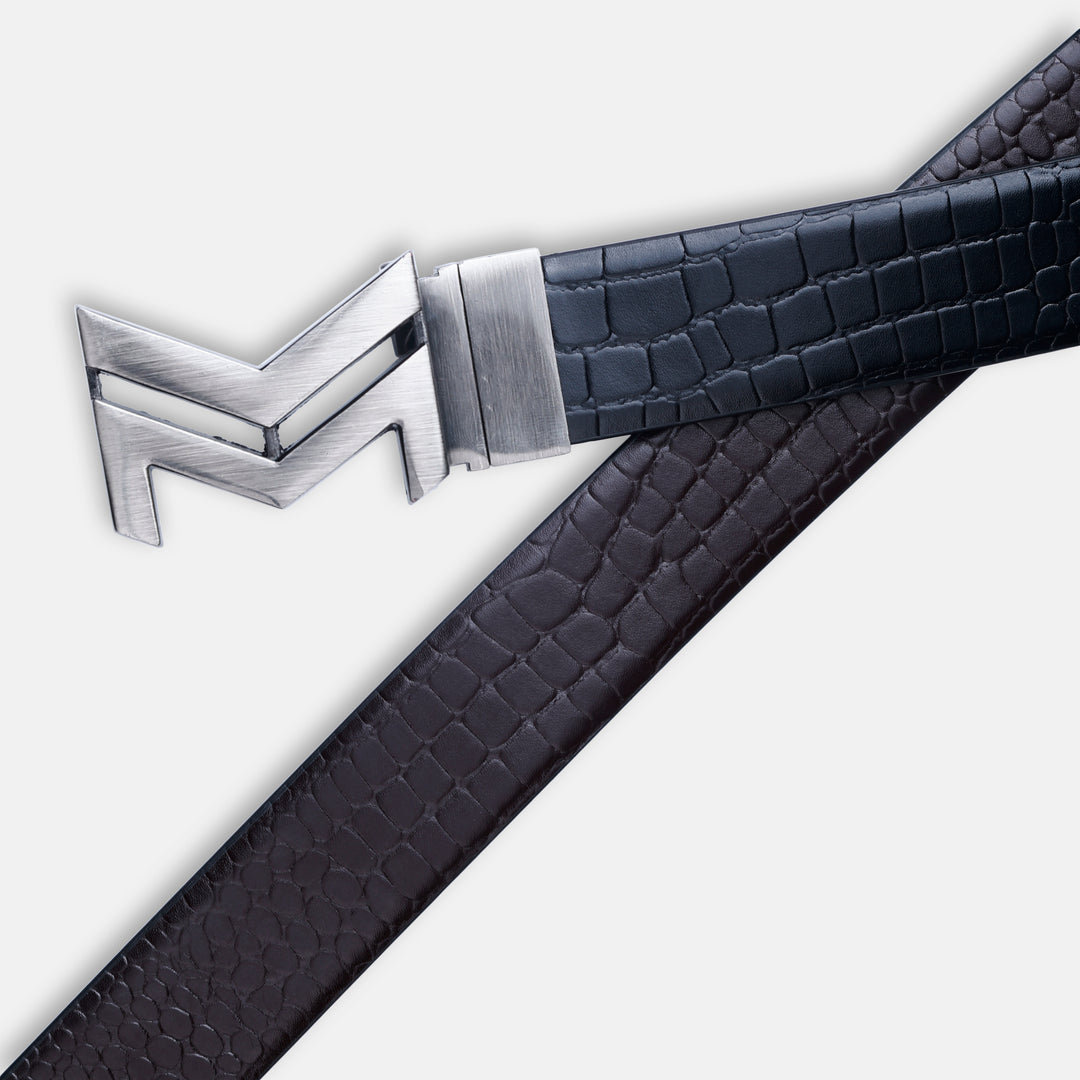 GREY LOGO BUCKLE CROCO DARK BROWN & BLACK BELT