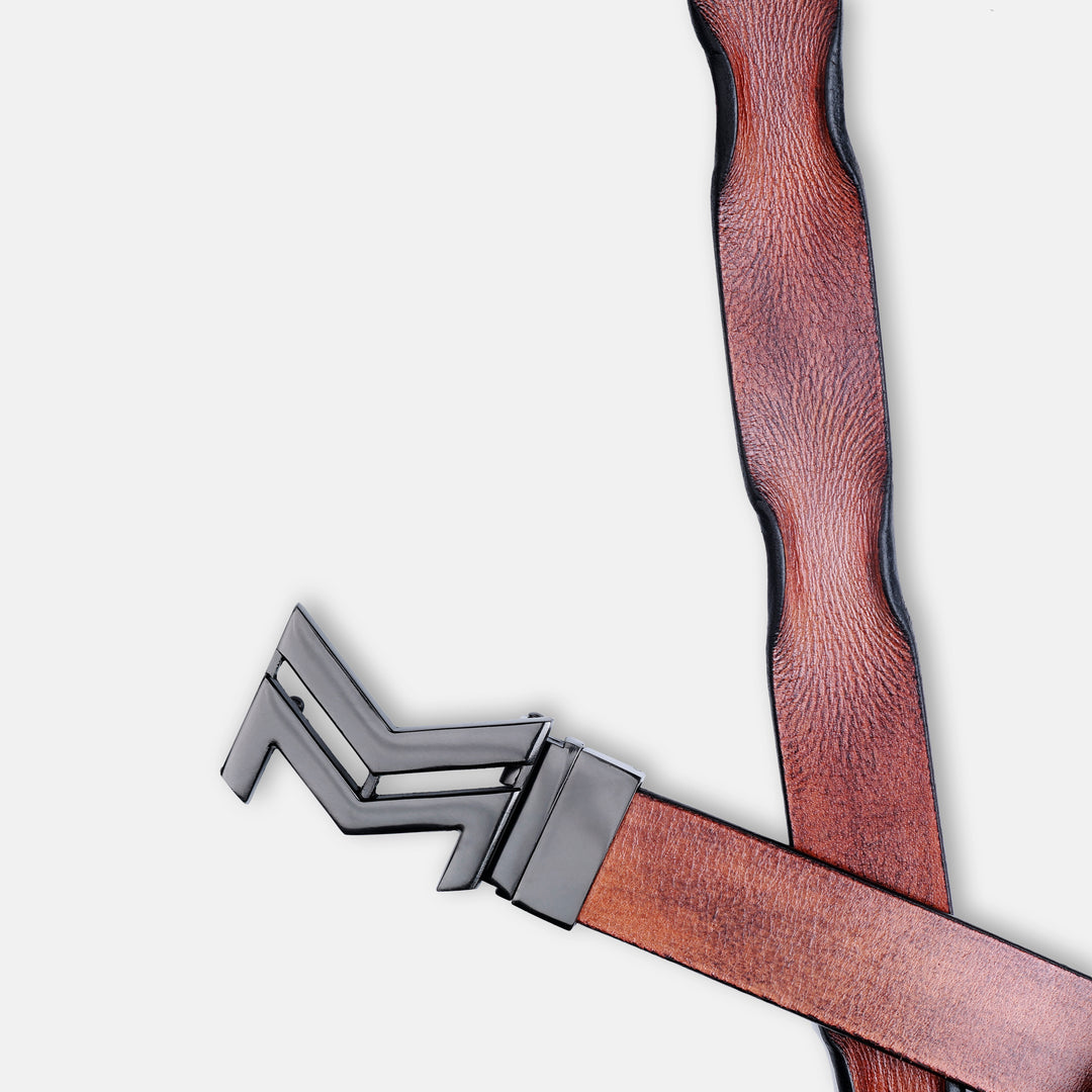 GLOSSY BLACK LOGO BUCKLE HAMMERED TAN BELT