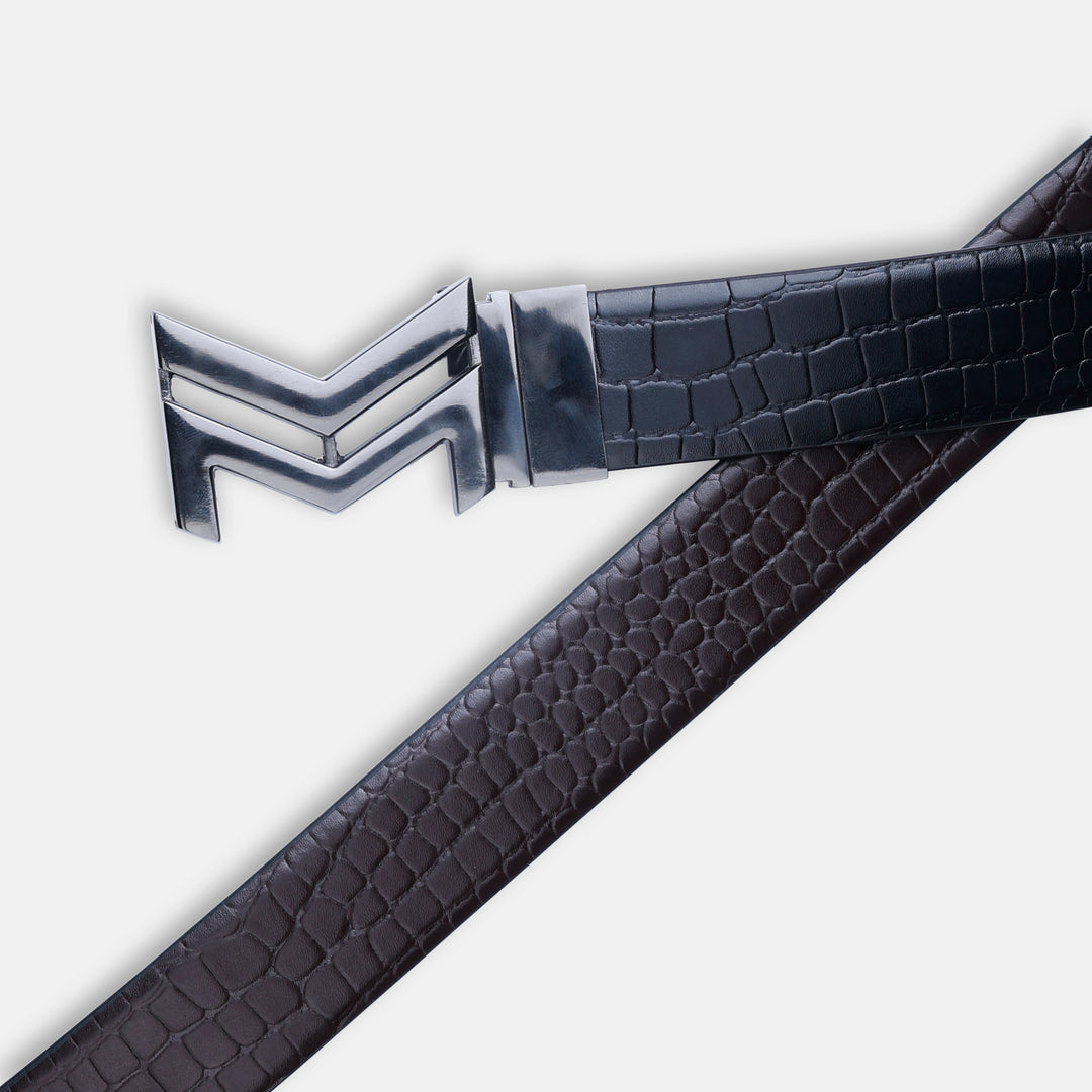 GLOSSY BLACK LOGO BUCKLE CROCO DARK BROWN & BLACK BELT