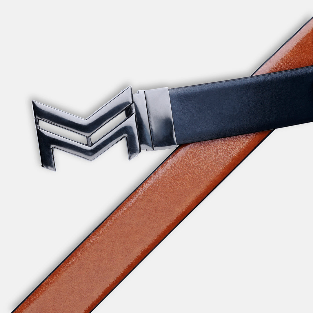 GLOSSY BLACK LOGO BUCKLE BLUE & LIGHT BROWN BELT