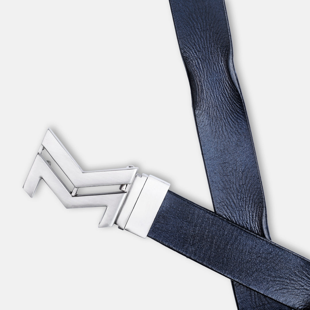 SILVER LOGO BUCKLE HAMMERED BLUE BELT