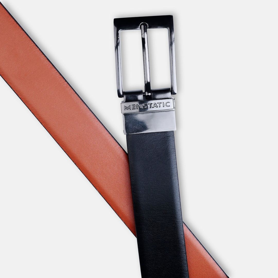 GLOSSY BLACK PLAIN BUCKLE LIGHT BROWN & BLACK BELT