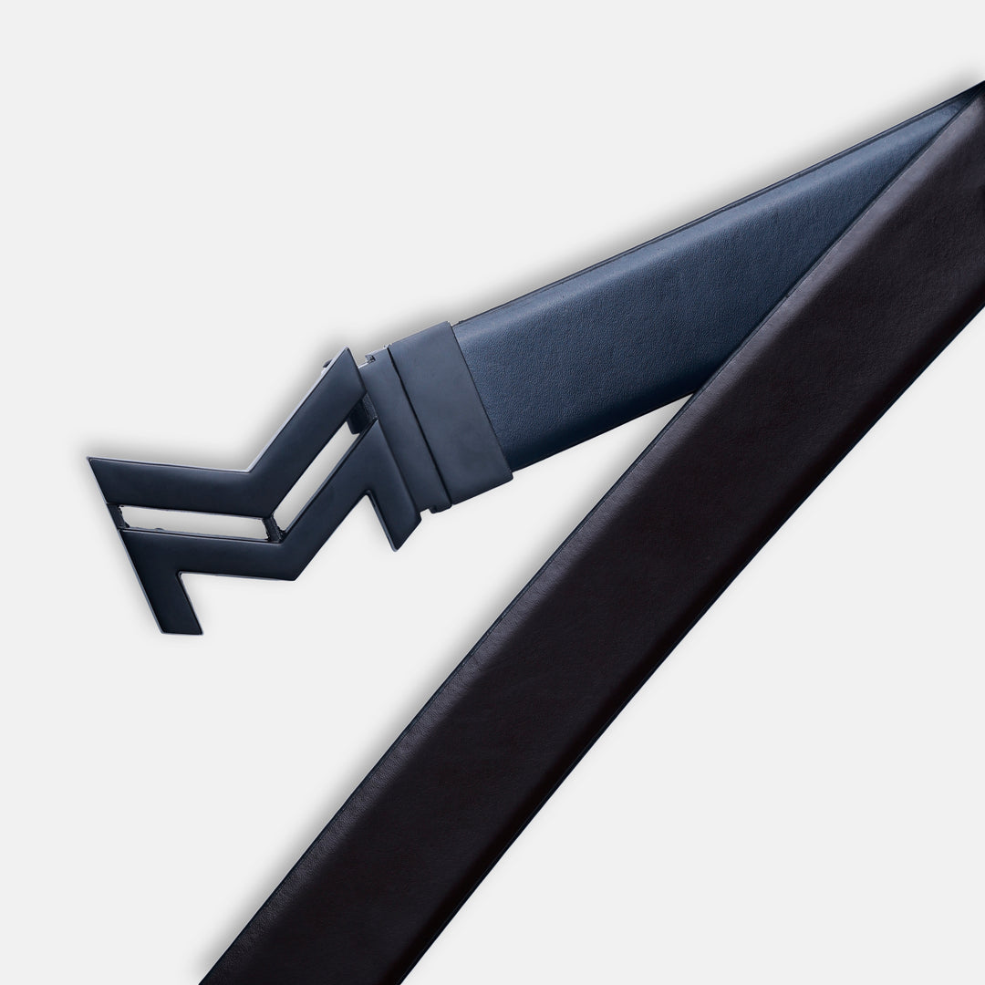 MATTE BLACK LOGO BUCKLE BLUE & DARK BROWN BELT