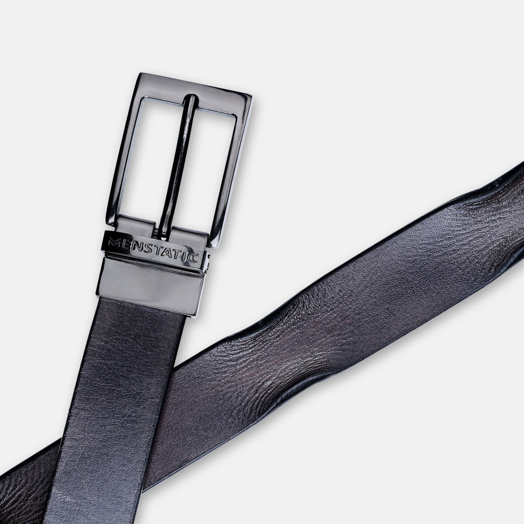 GLOSSY BLACK PLAIN BUCKLE HAMMERED GREY BELT