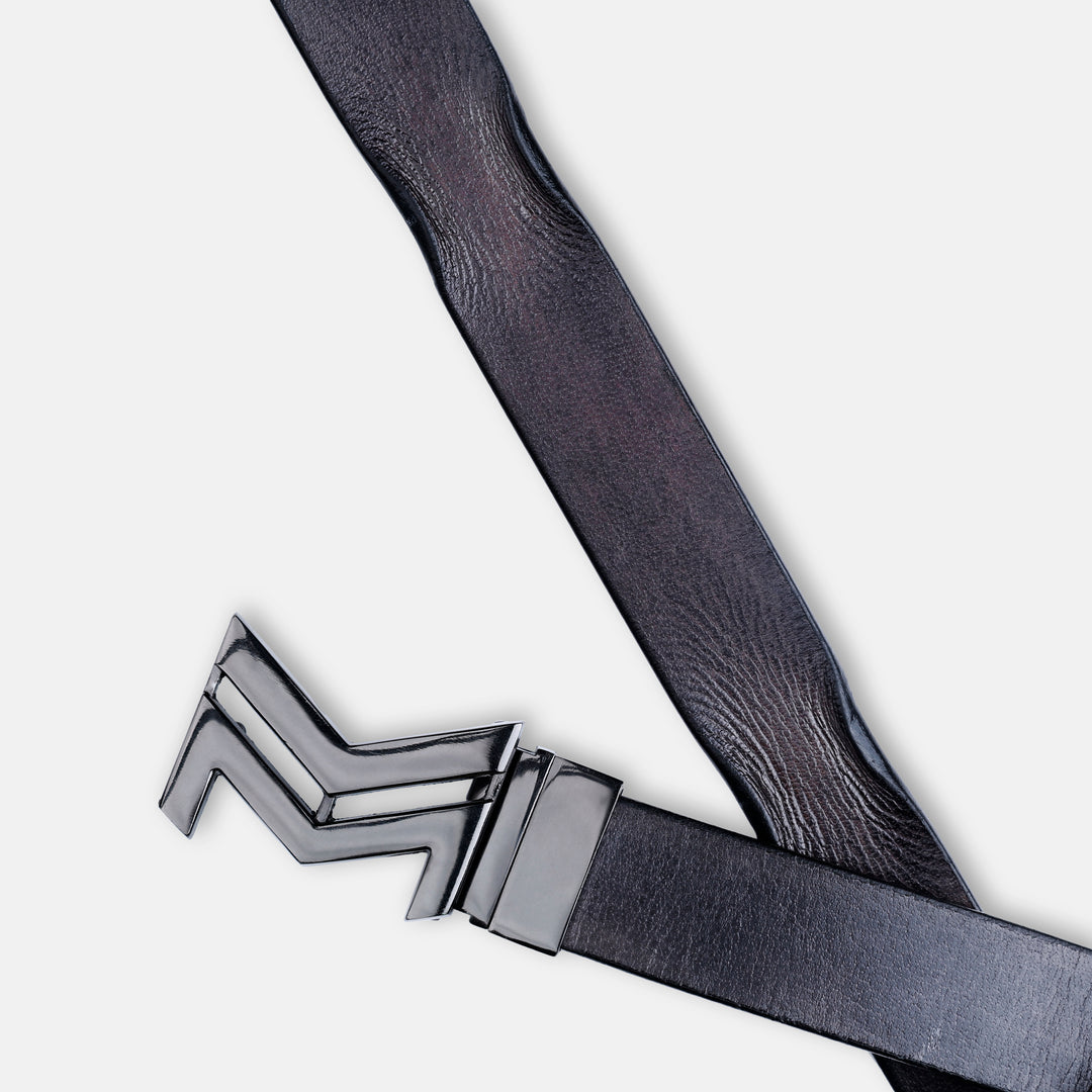 GLOSSY BLACK LOGO BUCKLE HAMMERED GREY BELT
