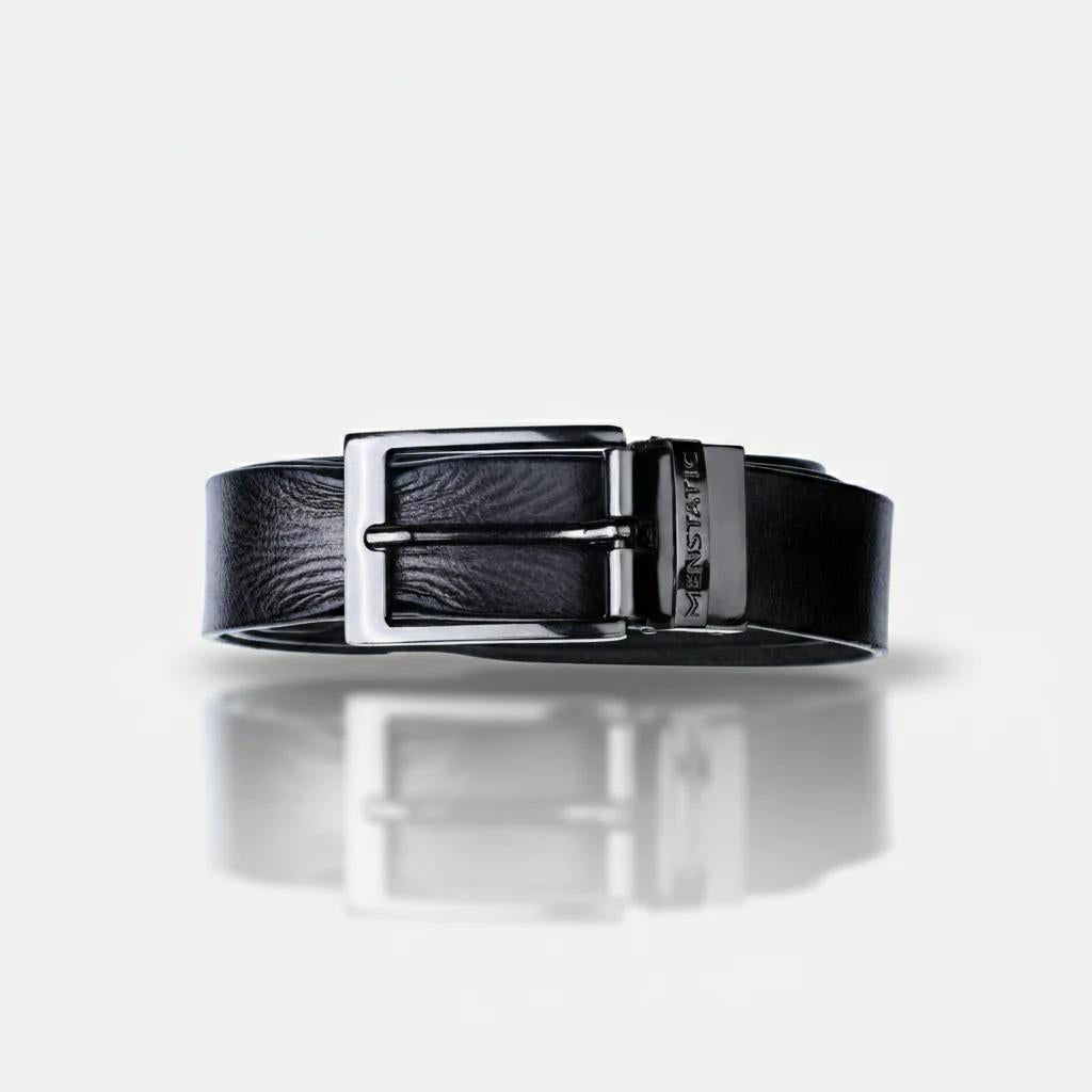 GLOSSY BLACK PLAIN BUCKLE HAMMERED GREY BELT
