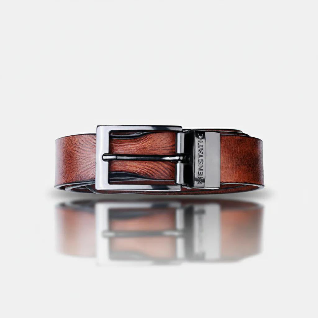 GLOSSY BLACK PLAIN BUCKLE HAMMERED TAN BELT