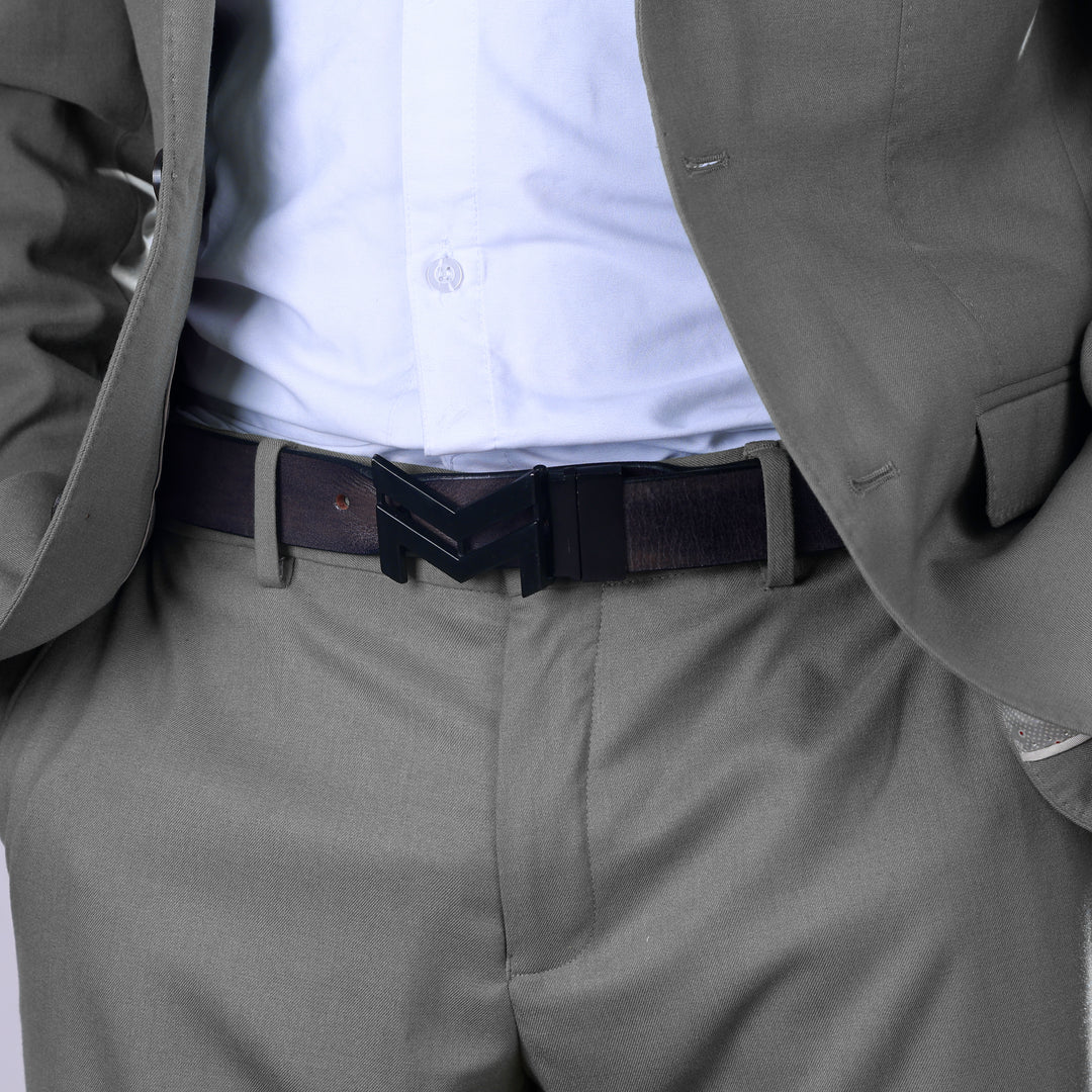 MATTE BLACK LOGO BUCKLE HAMMERED GREY BELT