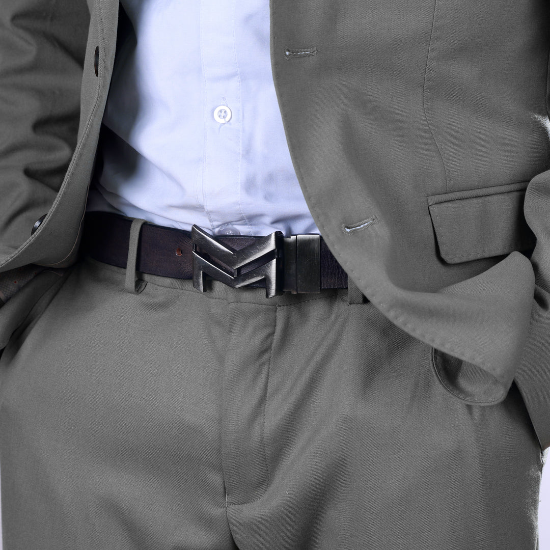 SILVER LOGO BUCKLE HAMMERED GREY BELT