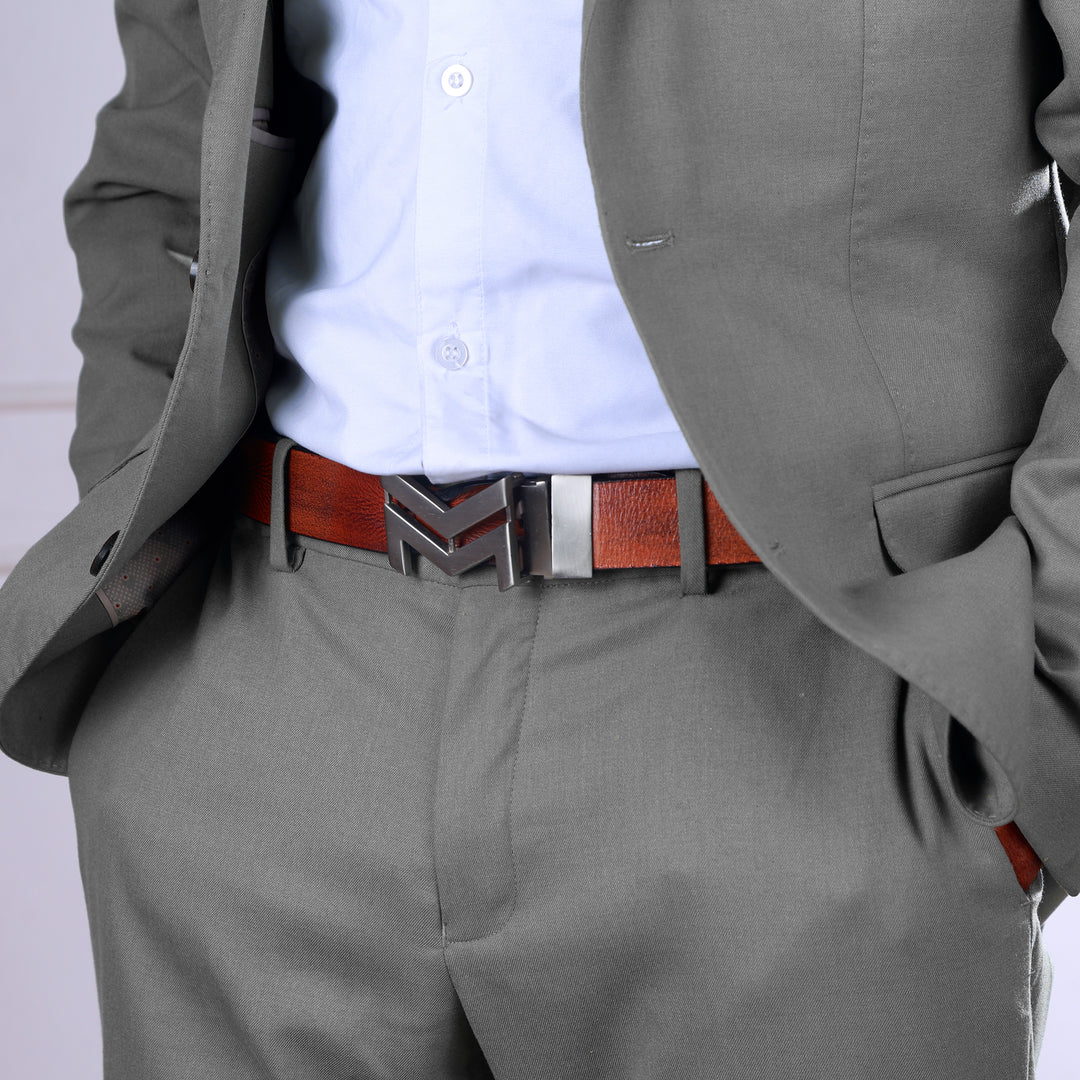 SILVER LOGO BUCKLE HAMMERED TAN BELT