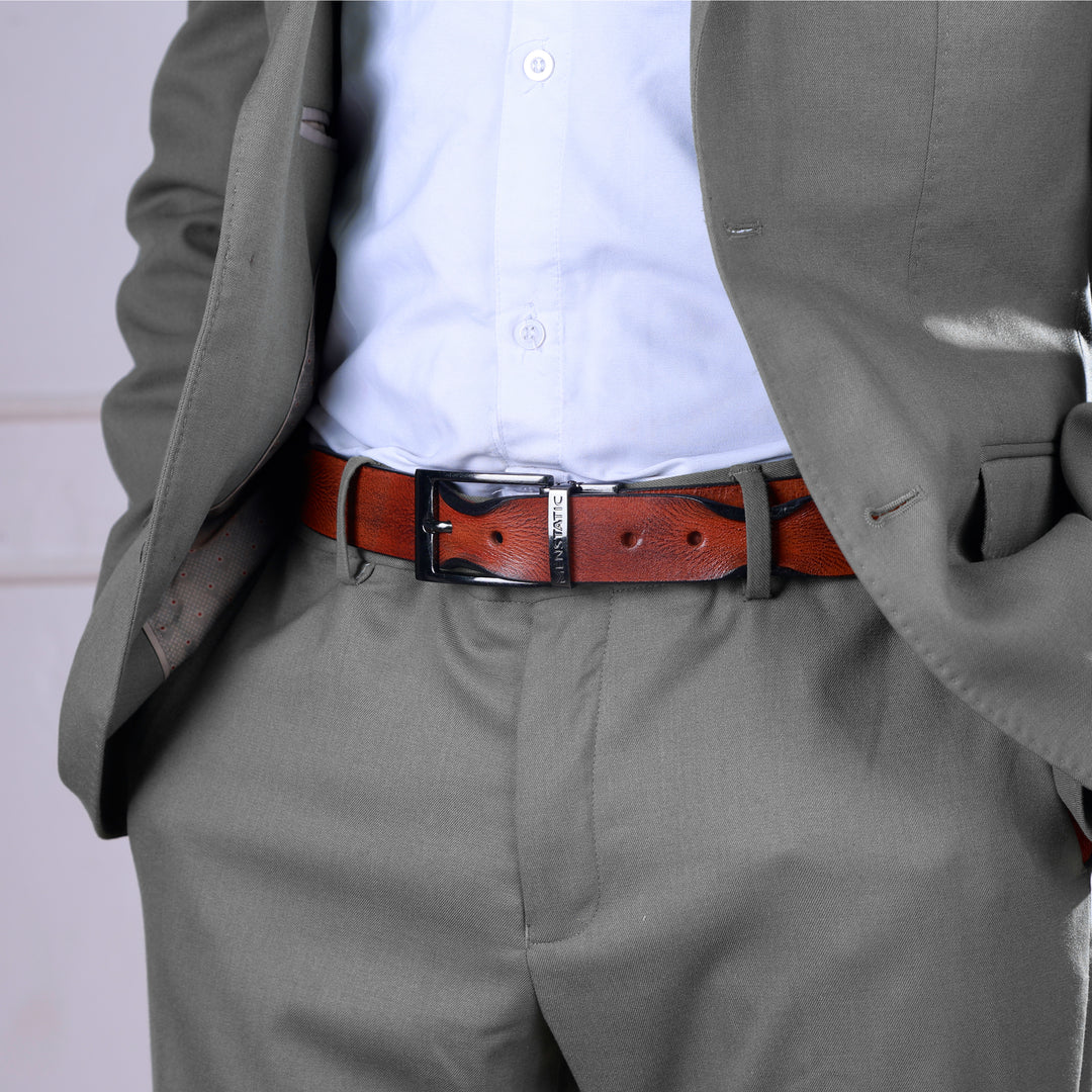 GLOSSY BLACK PLAIN BUCKLE HAMMERED TAN BELT