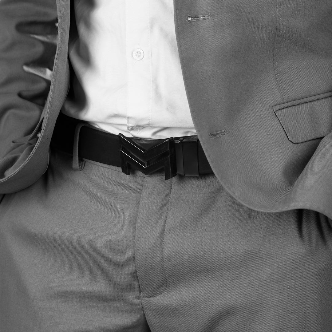 GLOSSY BLACK LOGO BUCKLE DARK BROWN & BLACK BELT