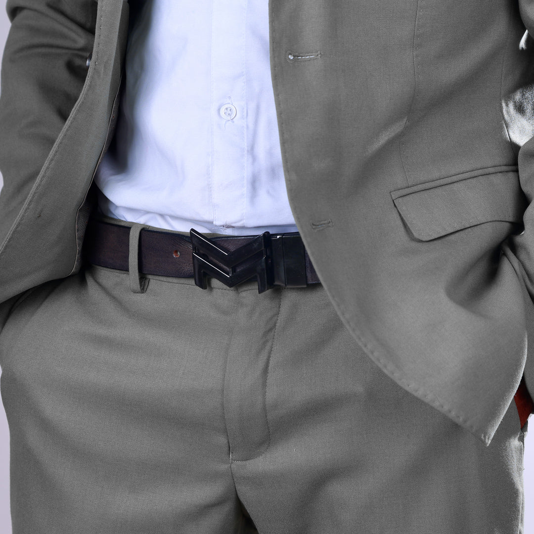 GLOSSY BLACK LOGO BUCKLE HAMMERED GREY BELT