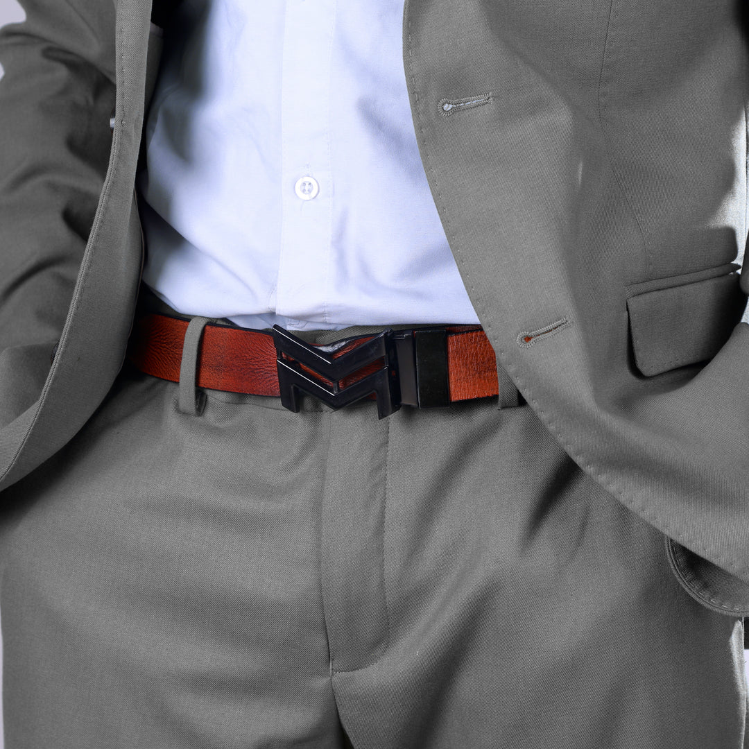 GLOSSY BLACK LOGO BUCKLE HAMMERED TAN BELT