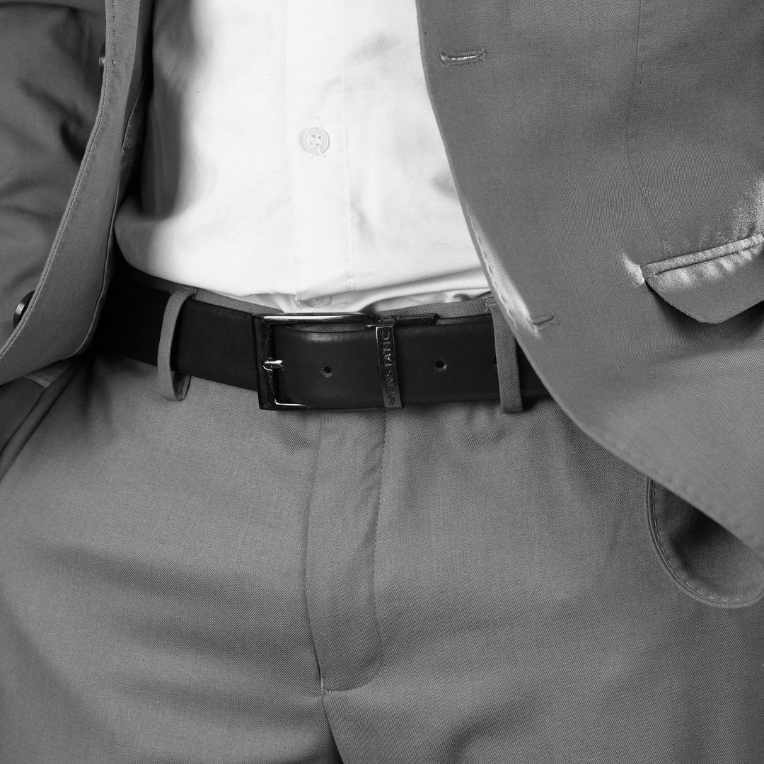 GLOSSY BLACK PLAIN BUCKLE LIGHT BROWN & BLACK BELT