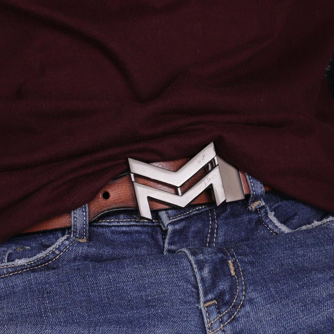 GREY LOGO BUCKLE HAMMERED TAN BELT