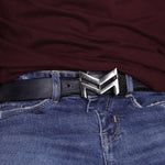 Load image into Gallery viewer, BLACK LOGO BUCKLE HAMMERED BLUE BELT
