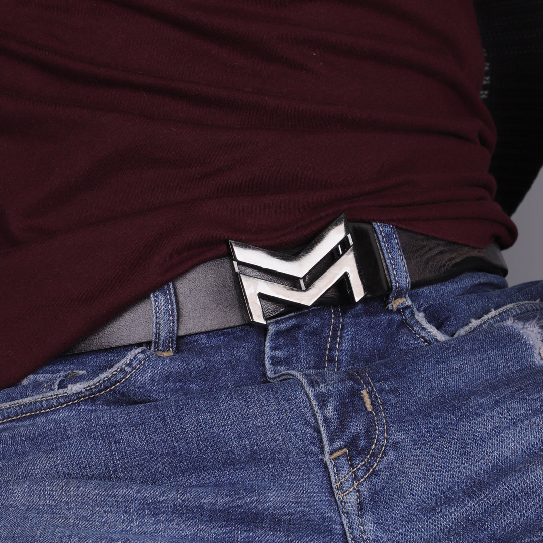 BLACK LOGO BUCKLE HAMMERED GREY BELT