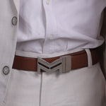 Load image into Gallery viewer, SILVER LOGO BUCKLE CROCO LIGHT BROWN &amp; BLACK BELT
