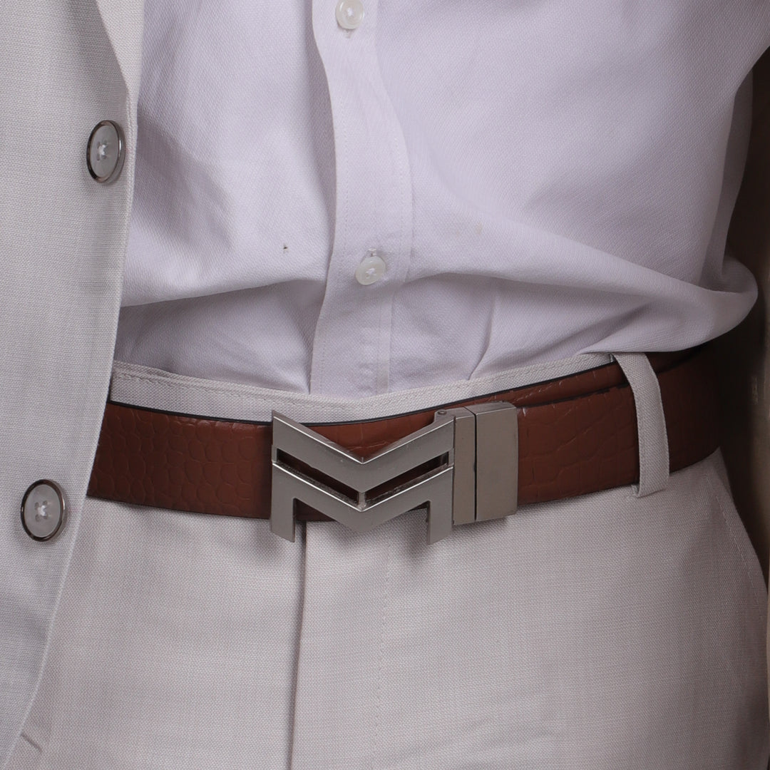 SILVER LOGO BUCKLE CROCO LIGHT BROWN & BLACK BELT