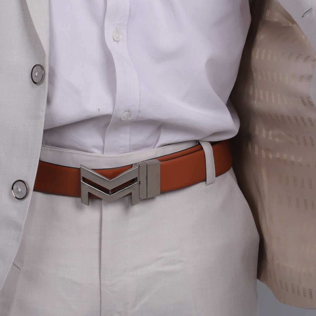 SILVER LOGO BUCKLE LIGHT BROWN & BLACK BELT