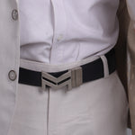 Load image into Gallery viewer, SILVER LOGO BUCKLE BLUE &amp; DARK BROWN BELT
