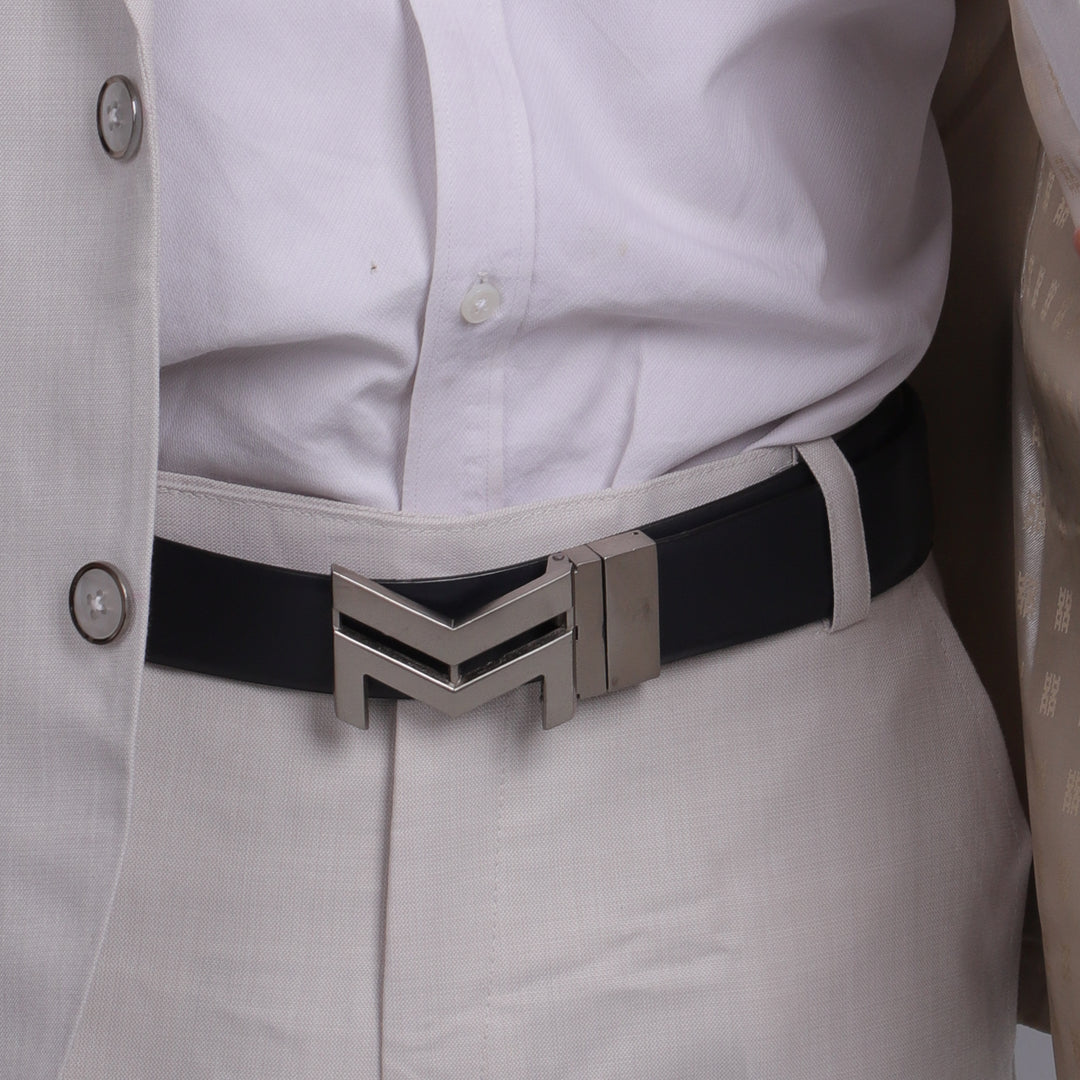 SILVER LOGO BUCKLE BLUE & DARK BROWN BELT