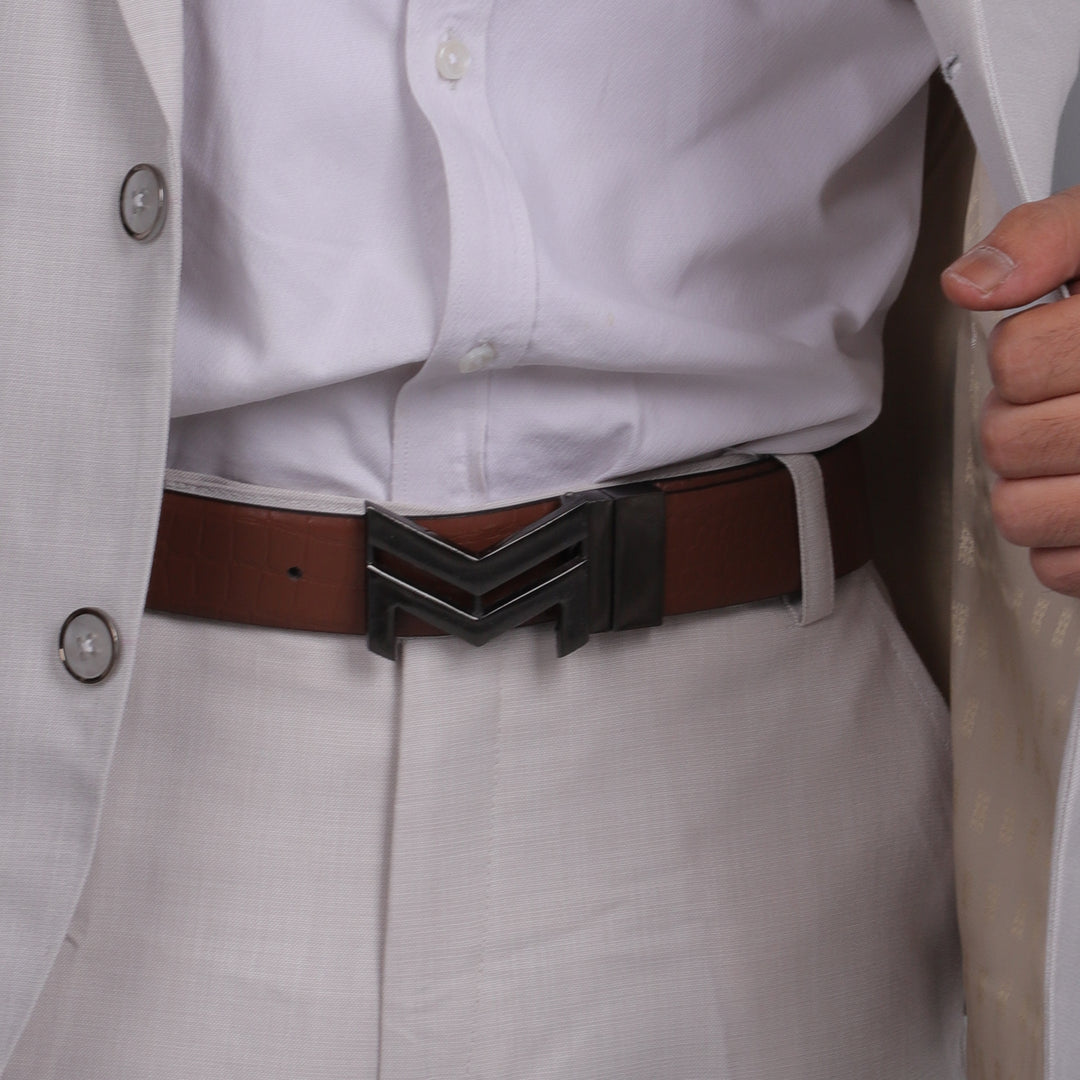 BLACK LOGO BUCKLE CROCO LIGHT BROWN & BLACK BELT