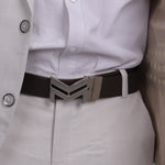 Load image into Gallery viewer, SILVER LOGO BUCKLE DARK BROWN &amp; BLACK BELT

