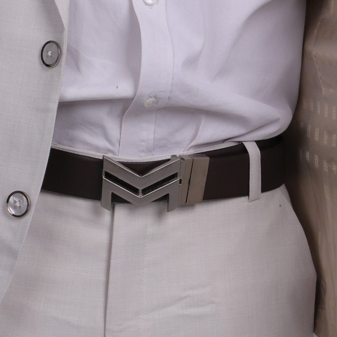 SILVER LOGO BUCKLE DARK BROWN & BLACK BELT