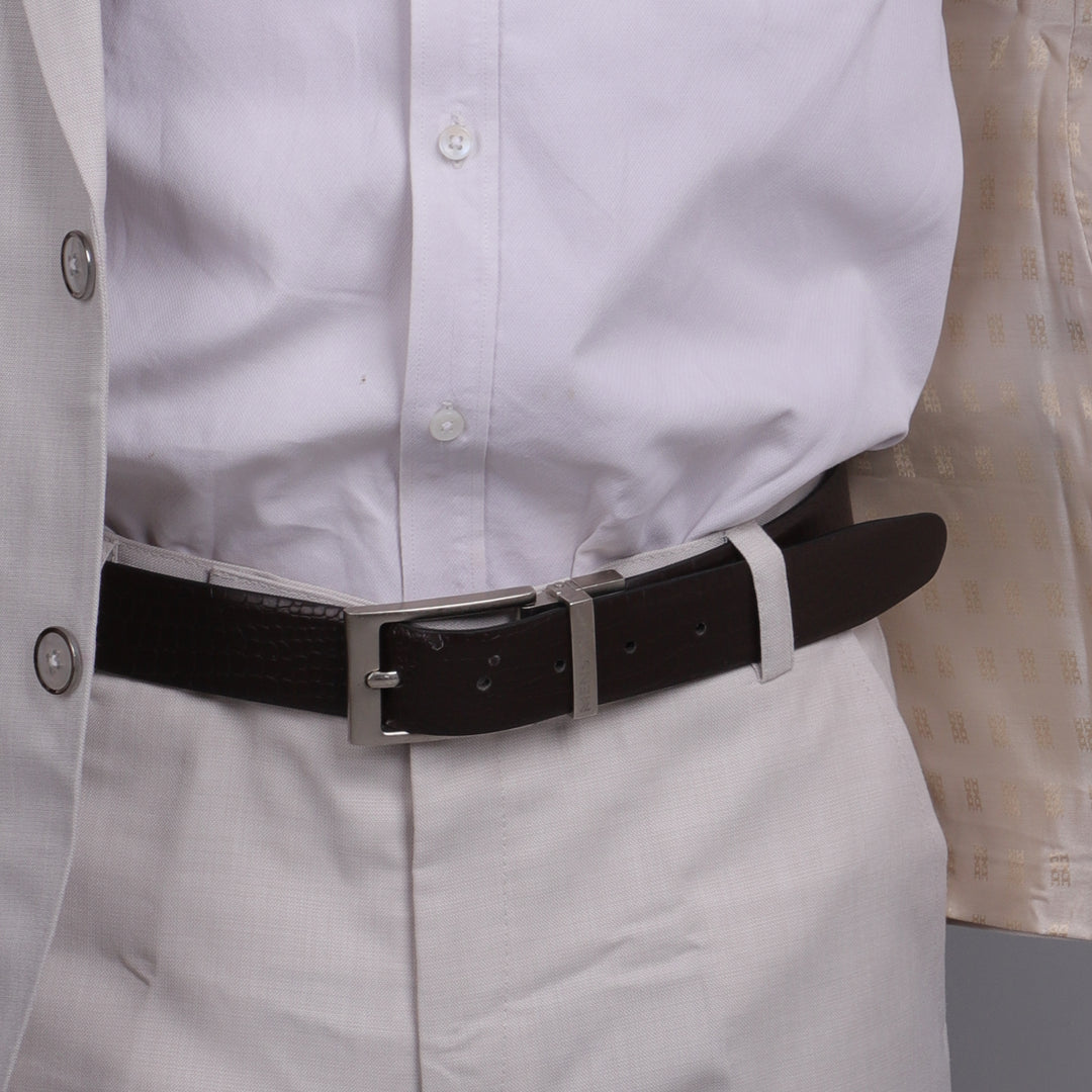 SILVER PLAIN BUCKLE CROCO DARK BROWN & BLACK BELT
