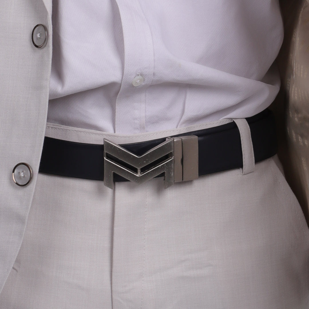 SILVER LOGO BUCKLE BLUE & LIGHT BROWN BELT