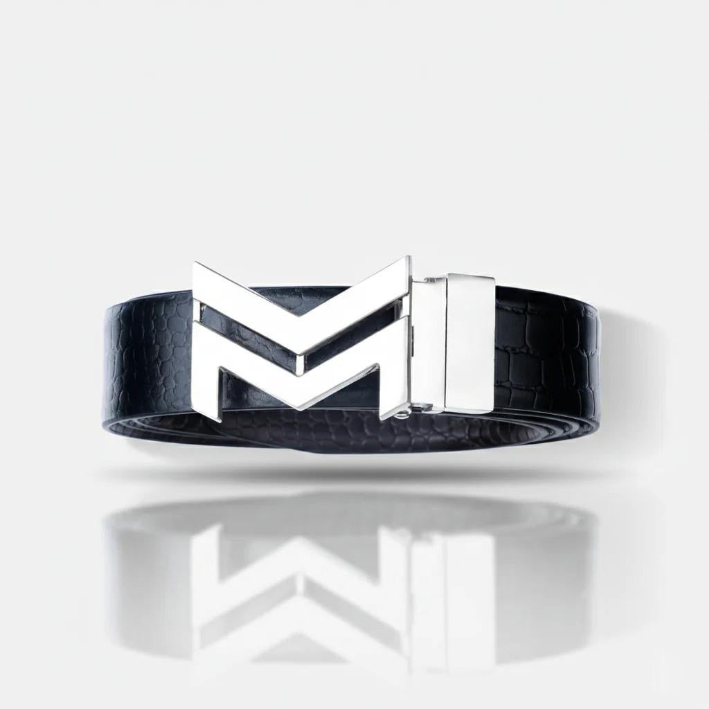 SILVER LOGO BUCKLE CROCO DARK BROWN & BLACK BELT
