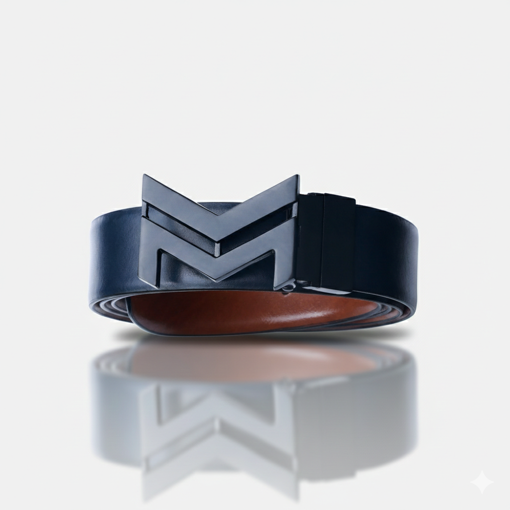 MATTE BLACK LOGO BUCKLE BLUE & LIGHT BROWN BELT