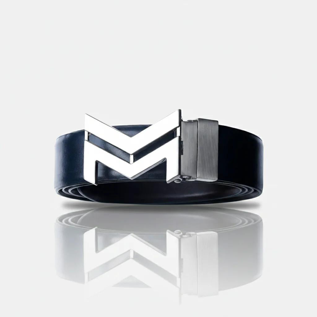 SILVER LOGO BUCKLE BLUE & DARK BROWN BELT
