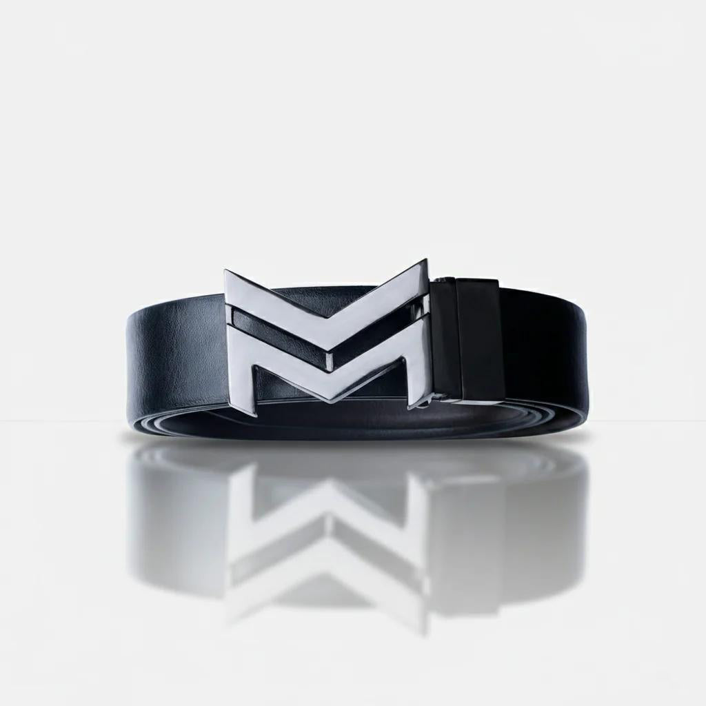 GLOSSY BLACK LOGO BUCKLE DARK BROWN & BLACK BELT