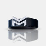 Load image into Gallery viewer, GLOSSY BLACK LOGO BUCKLE BLUE &amp; DARK BROWN BELT